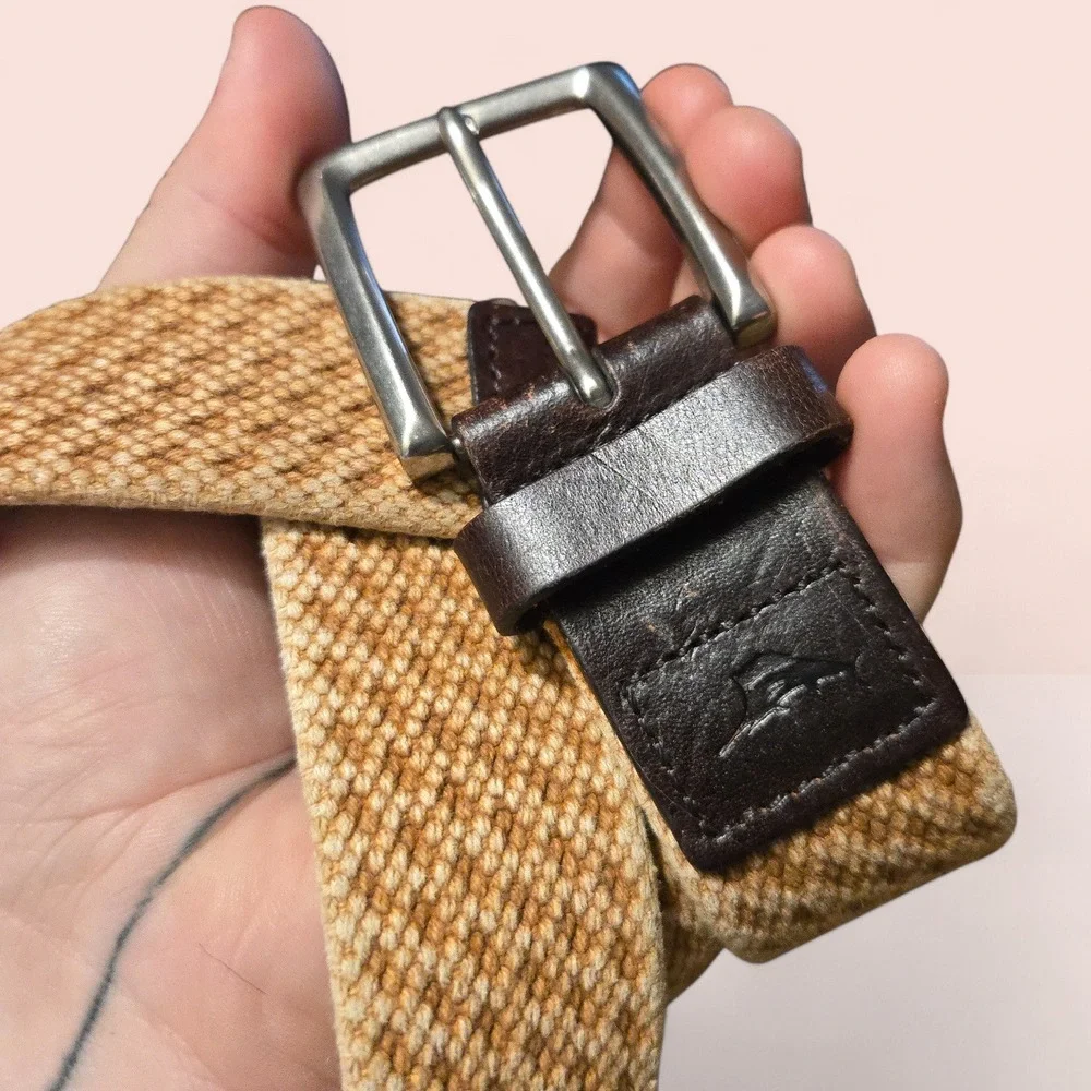 Tommy Bahama Men's 38‎ Belt Tan Woven Island Tropical Casual Fabric Leather Trim
